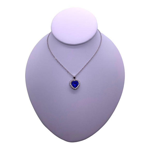 Imitation Silver BLUE SAPPHIRE Cubic Zirconia Gemstone Heart Necklace - Picture 3 of 7
